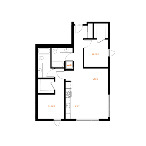 Floor plan for 2 beds, 2 baths, 954 sqft